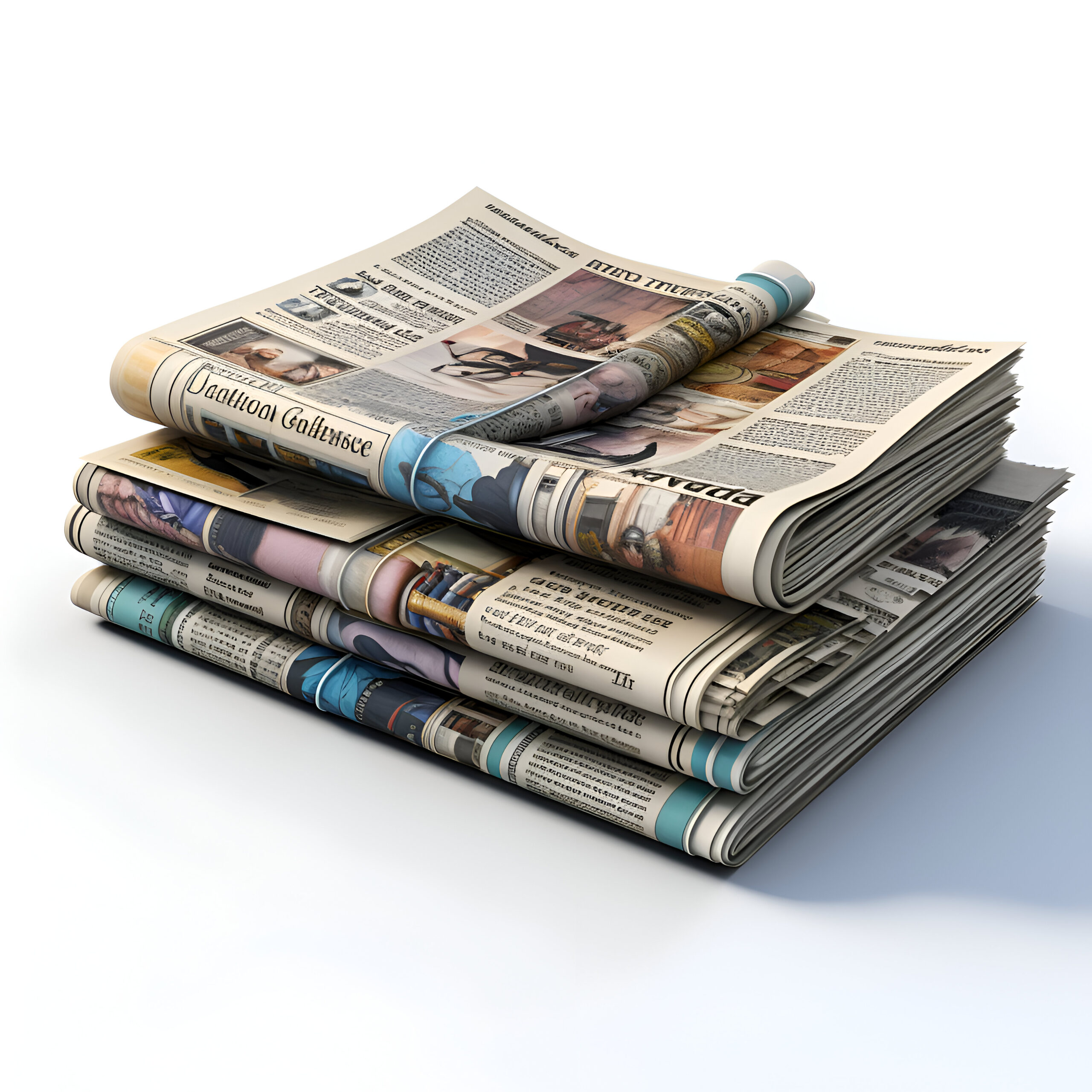 Stack of newspapers isolated on white background. 3d render illustration.